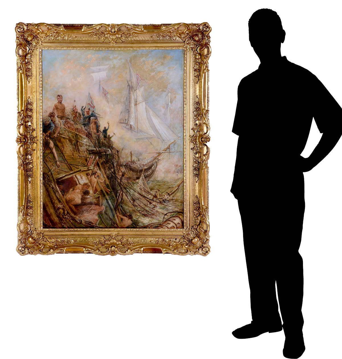 Appraisal: LARGE DRAMATIC ANTIQUE PAINTING AFTERMATH OF A NAVAL BATTLE Fantastic