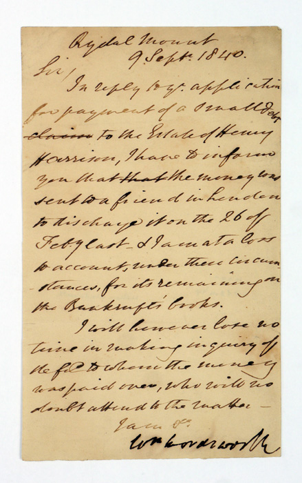 Appraisal: WORDSWORTH WILLIAM SIGNED LETTER Letter signed text in the hand