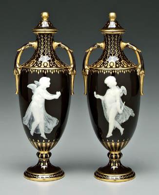 Appraisal: Pair Solon pate-sur-pate urns one with male cupid holding heart