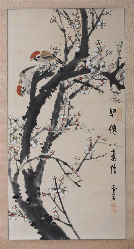 Appraisal: QING YAN Japanese th century BIRDS AND PRUNUS TREE Ink