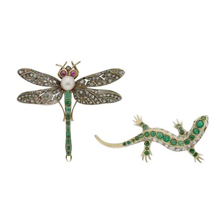 Appraisal: Emerald and Diamond Lizard Brooch and Antique Diamond Emerald Pearl