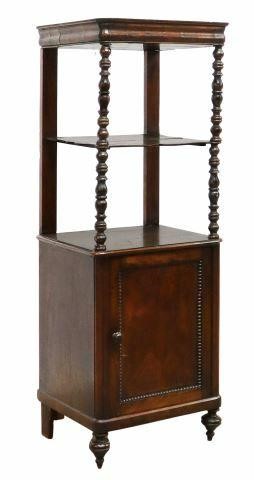 Appraisal: French mahogany etagere cabinet th c ogee molded frieze vase-and-ring