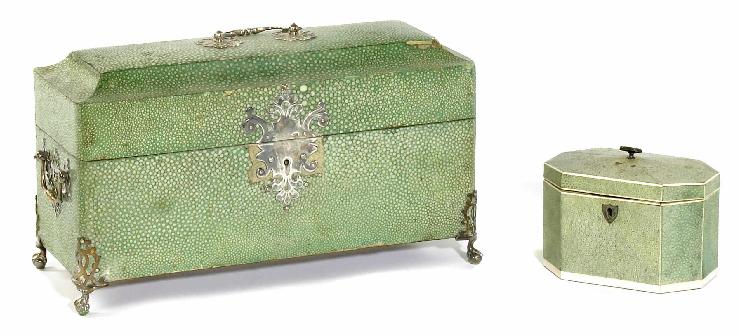 Appraisal: A George ll style silver mounted shagreen tea caddy th