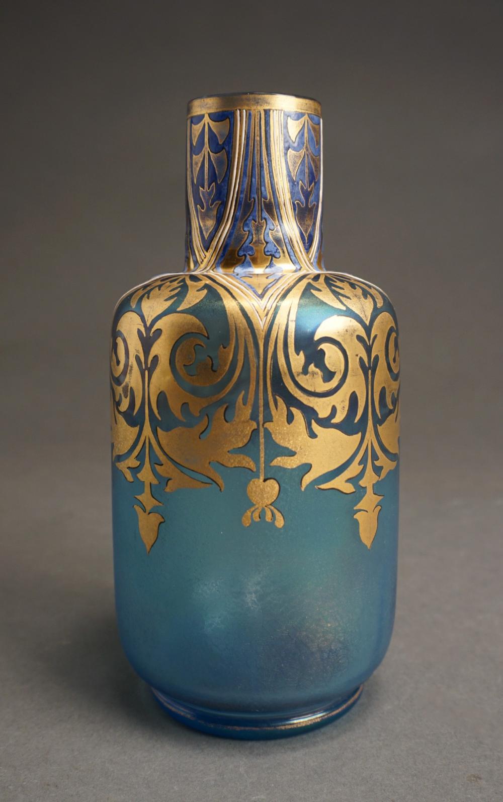 Appraisal: Fritz Heckert Gilt Decorated Pale Blue Iridescent Glass Vase H