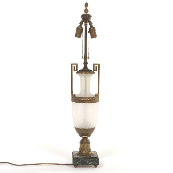 Appraisal: FRENCH NEOCLASSICAL MARBLE PATINATED BRASS AND FROSTED GLASS LAMP BASE