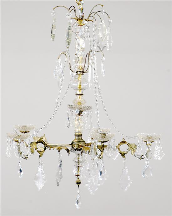 Appraisal: Bronze and crystal five-light chandelier late th century scrolling arms