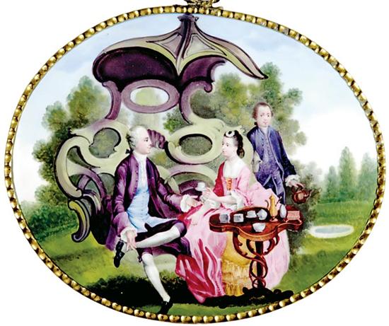 Appraisal: European oval enamel plaque th th century depicting couple having