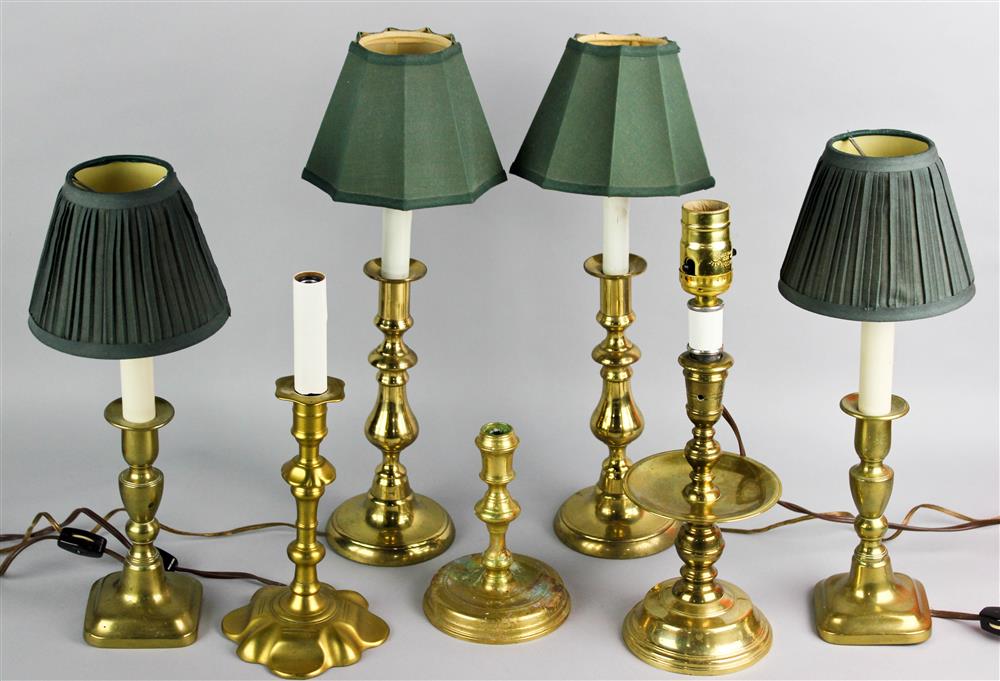 Appraisal: GROUP OF SEVEN BRASS CANDLESTICKS SIX MOUNTED AS LAMPS including