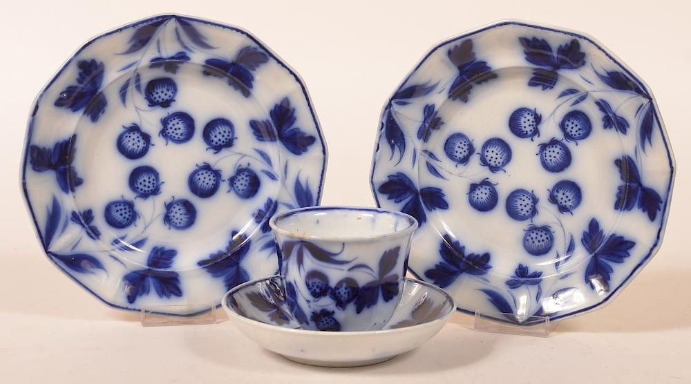 Appraisal: Pcs of Flow Blue Strawberry Pattern China Three Pieces of