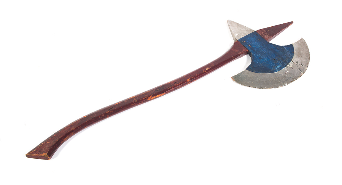 Appraisal: ODD FELLOWS WOODEN BATTLE AXE American ca Painted red handle