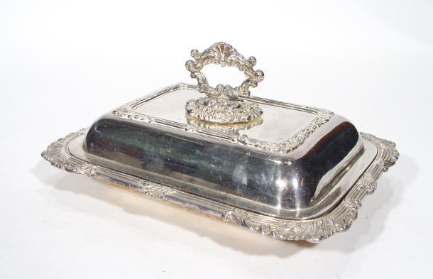 Appraisal: Rectangular silver plated entree dish and cover with detachable handle