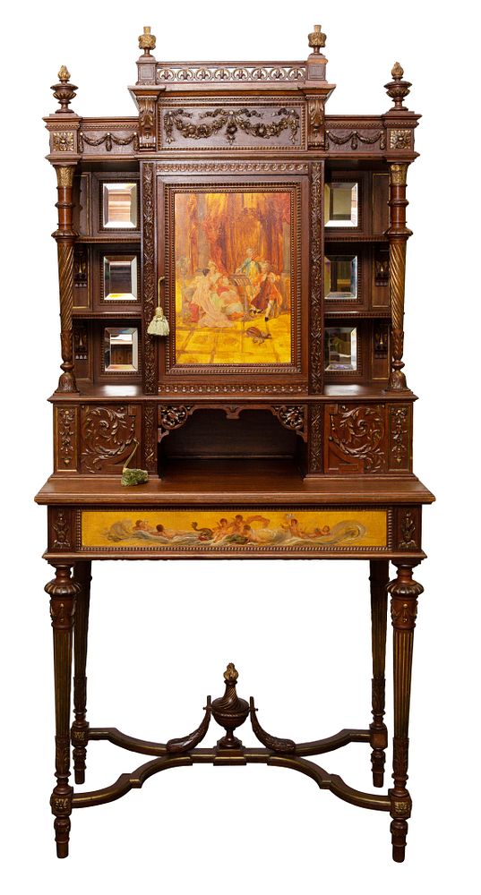 Appraisal: FRENCH NEOCLASSICAL REVIVAL CARVED WALNUT HAND-PAINTED DISPLAY CABINET MIDDLE TH