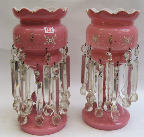 Appraisal: PAIR VICTORIAN PINK GLASS LUSTRES white interior decorated with hand