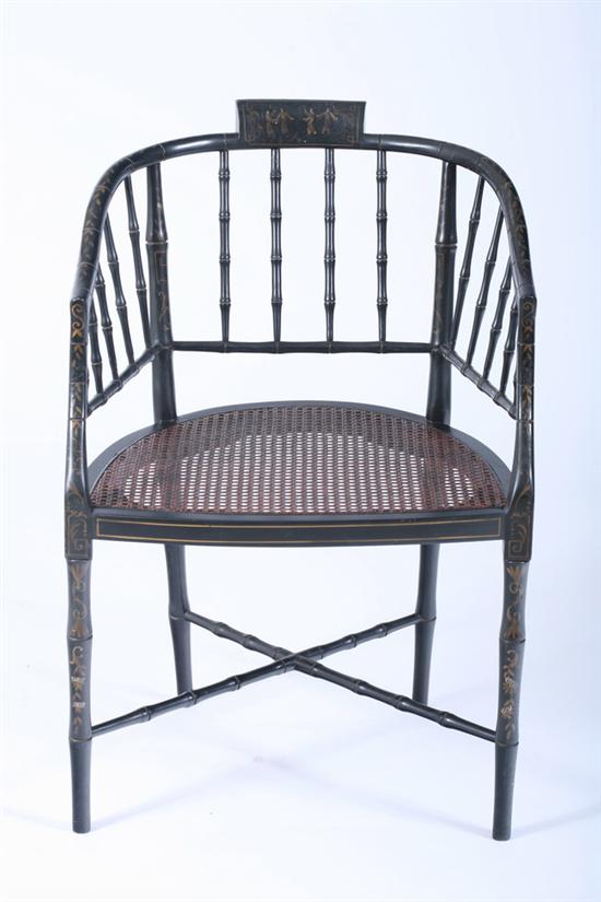 Appraisal: REGENCY STYLE EBONIZED AND CHINOISERIE DECORATED ARM CHAIR th century