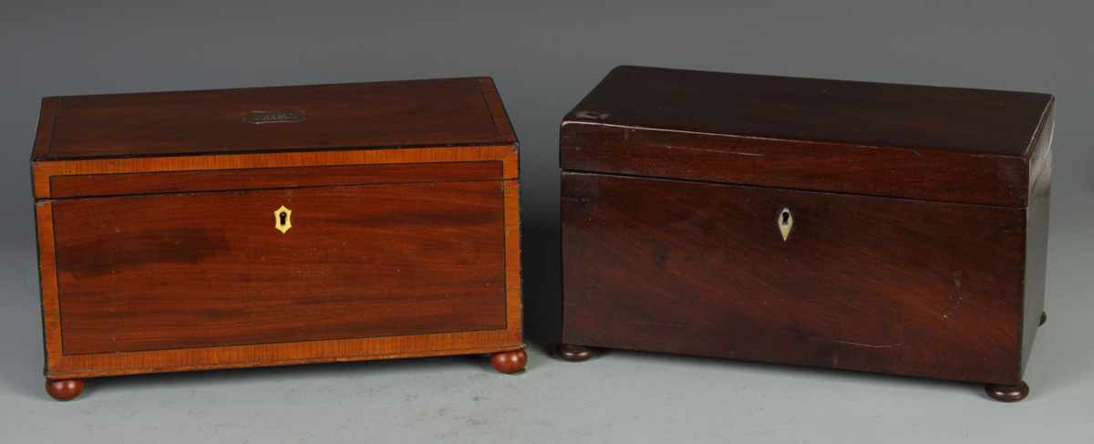 Appraisal: English Mahogany Tea Caddies L Banded inlay monogrammed R Missing