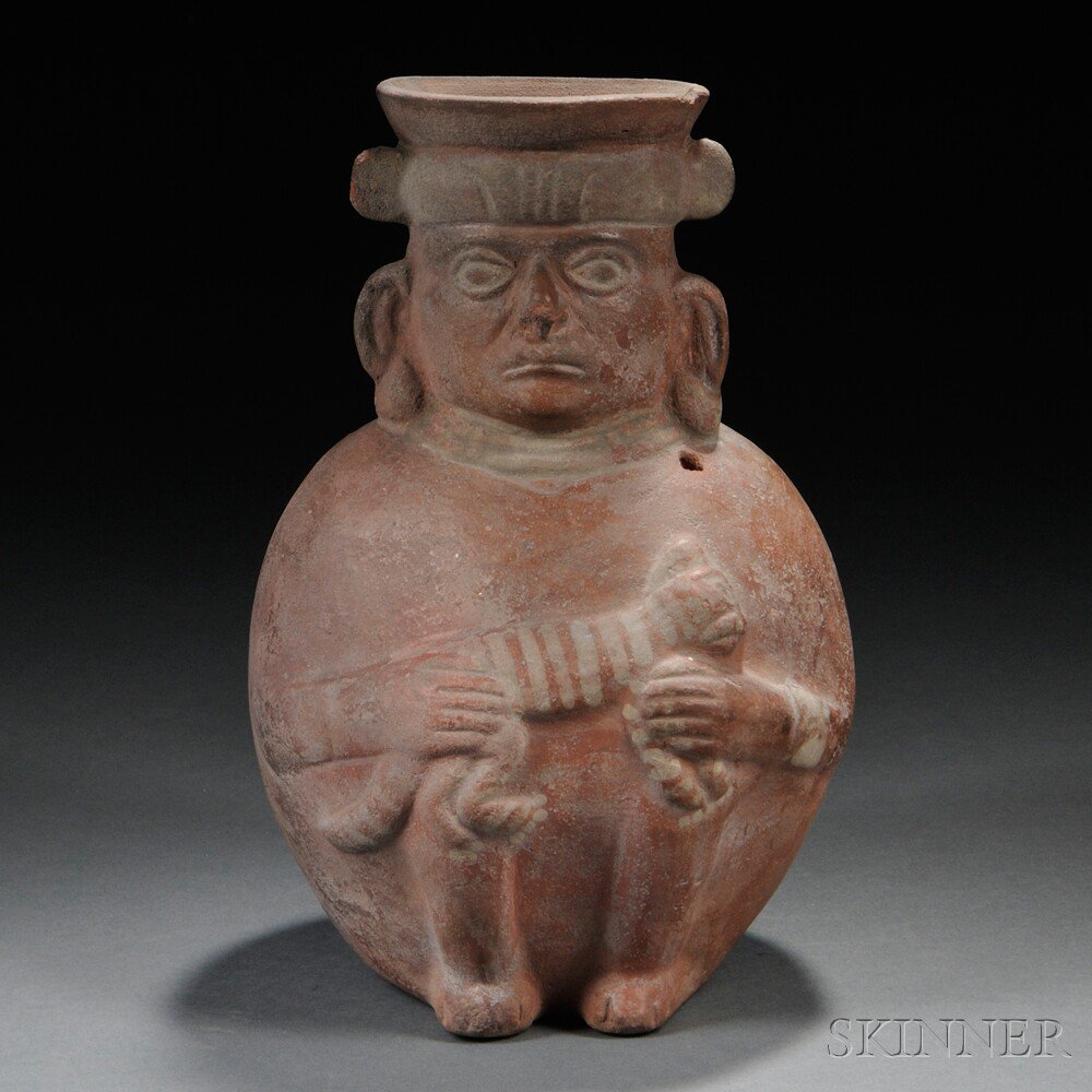 Appraisal: Moche Mold-made Pottery Effigy Jar seated man holding a feline