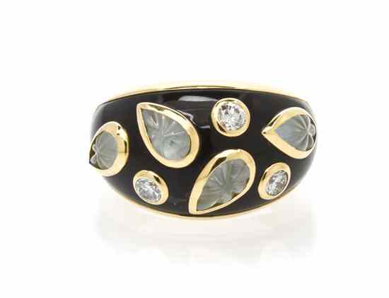 Appraisal: An Karat Yellow Gold Diamond Rock Crystal and Enamel Ring