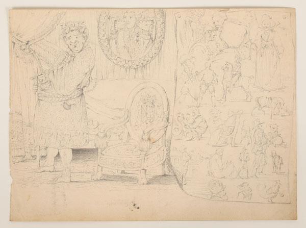 Appraisal: Elaborate French sketch comedic th century pencil rendering of overwrought