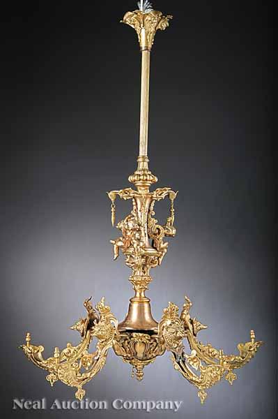 Appraisal: An American Gilt Bronze Five-Arm Gasolier mid- th c the