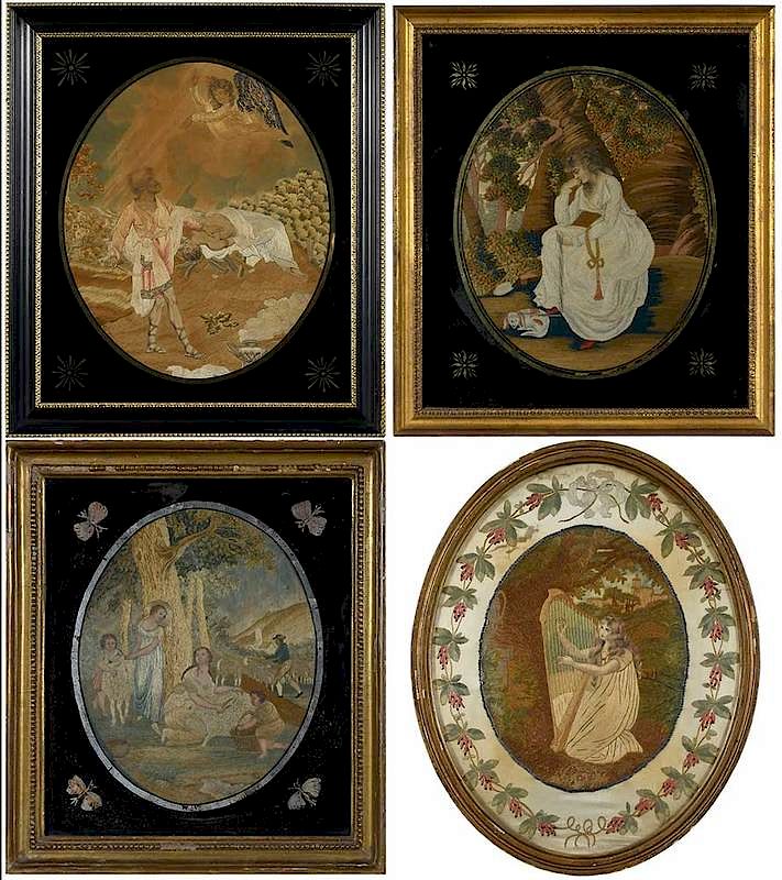 Appraisal: Four Framed Silk Embroideries British th century oval depiction of