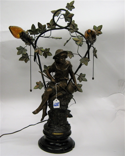 Appraisal: FRENCH SPELTER FIGURAL TABLE LAMP Barefoot boy with creel and