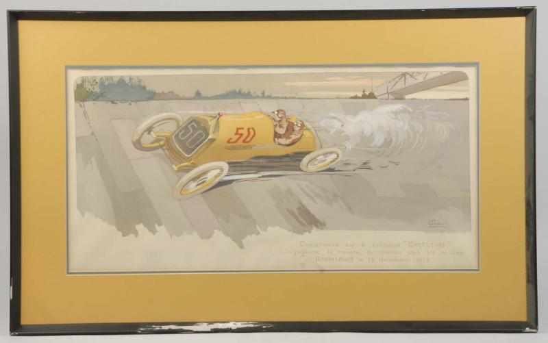 Appraisal: Early Framed French Gamy Race Car Scene Print Description Circa