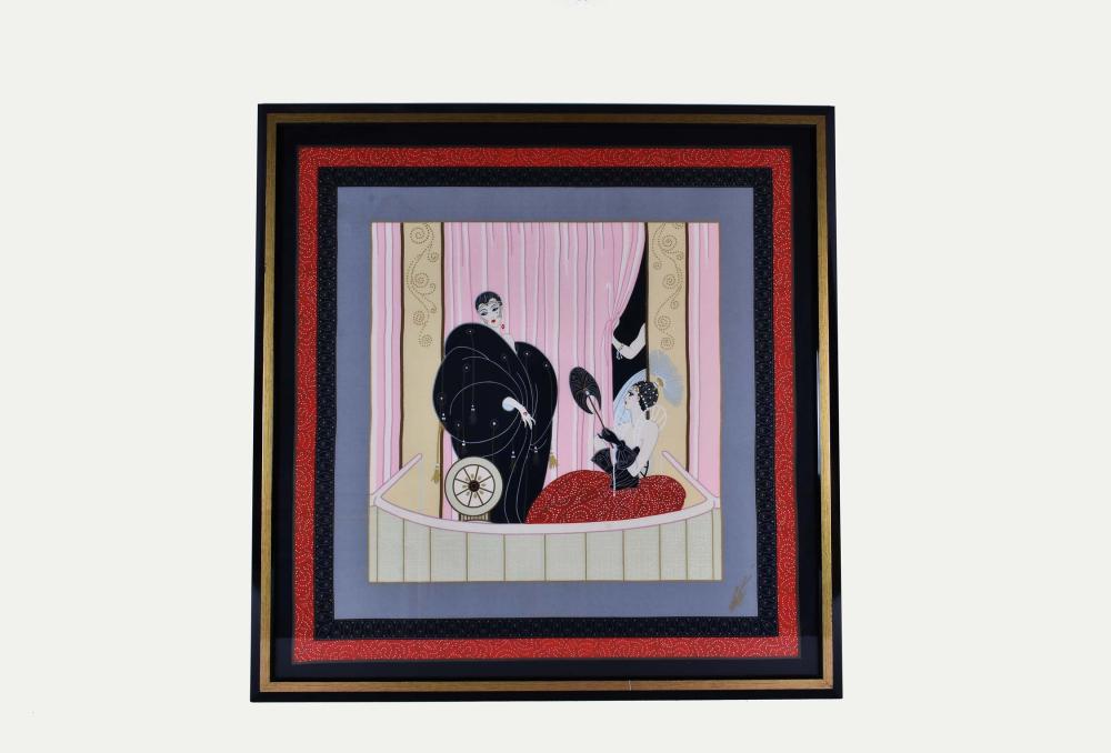 Appraisal: ERTE FRAMED SILK SCARFManufactured in Como Italy Depicting two women