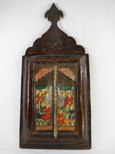 Appraisal: Persian hand painted lacquered wood enclosed wall mirror Measures tall