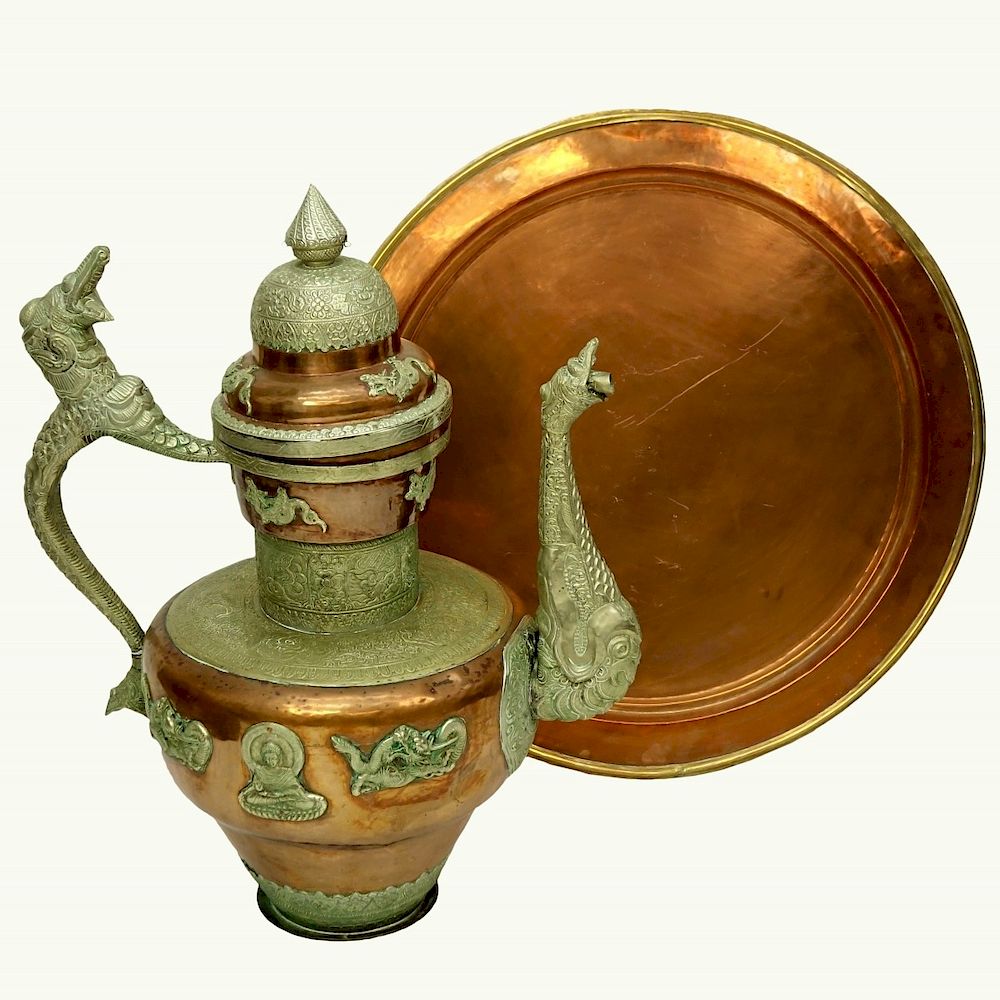 Appraisal: Massive Antique Tibetan Copper and Brass Ewer Tray Massive Antique