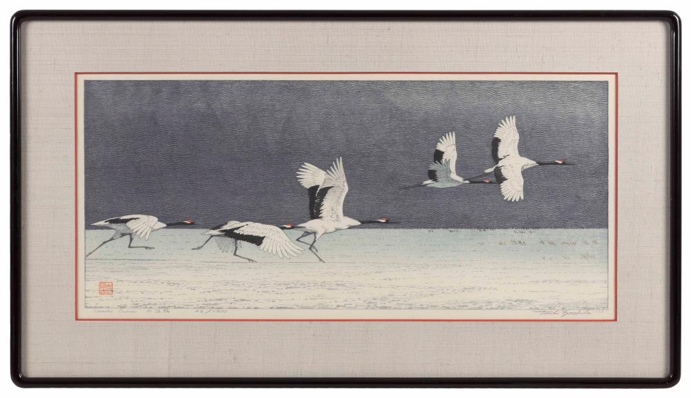 Appraisal: TOSHI YOSHIDA JAPAN - TANCHO CRANE WOODBLOCK PRINT X SIGHT