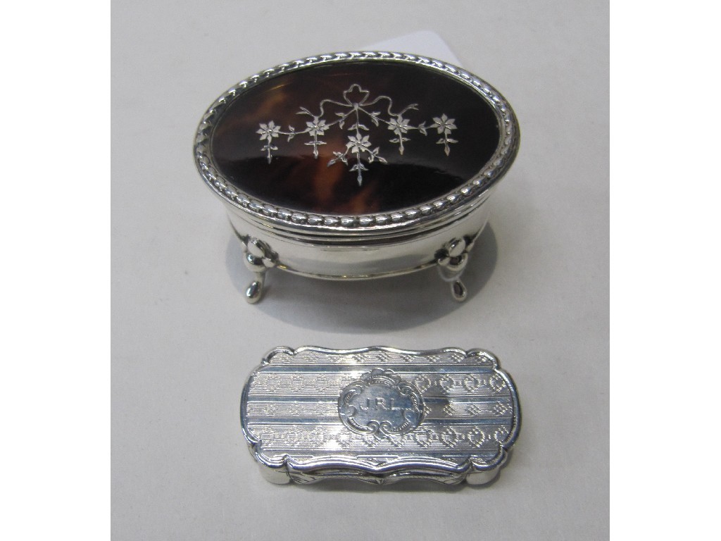 Appraisal: Lot comprising silver and tortoiseshell jewellery box and silver pill