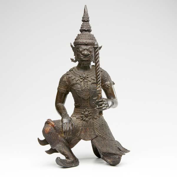 Appraisal: TAHI BRONZE FIGURE Guardian with fierce expression brandishing a sword