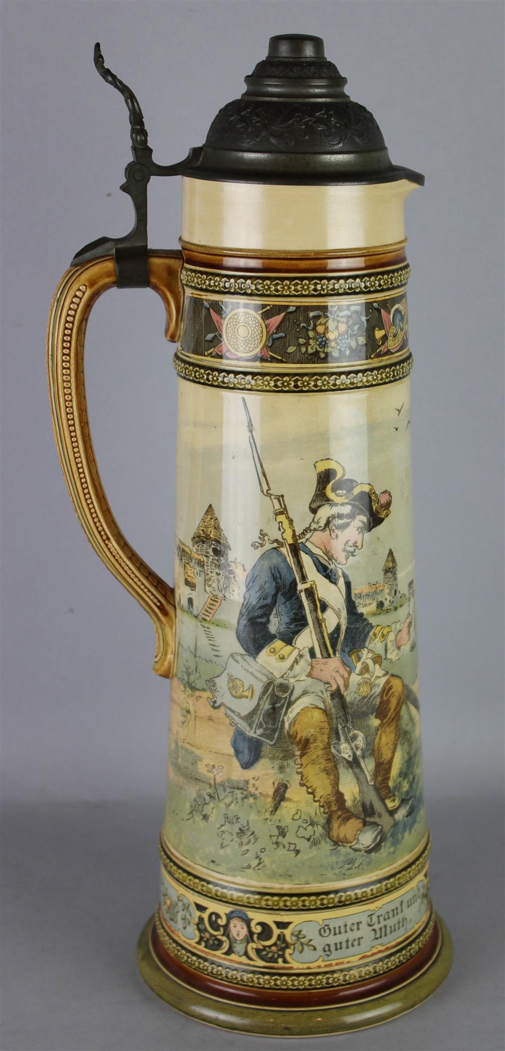 Appraisal: METTLACH STEIN depicting soldiers and a lady with abbey mark