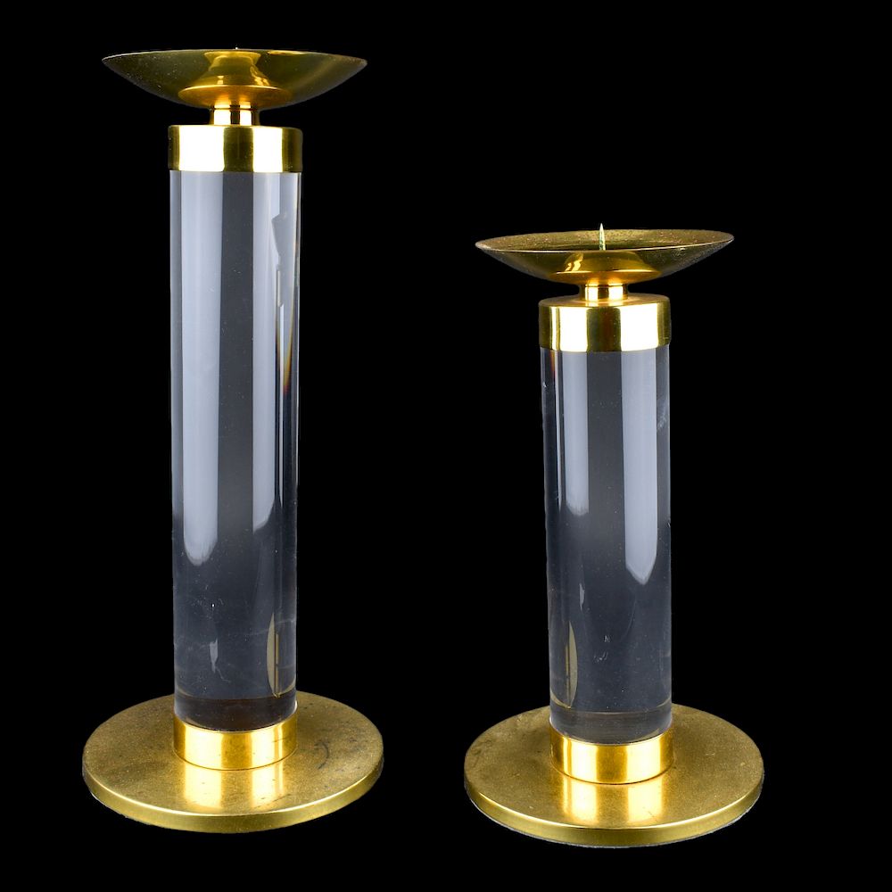 Appraisal: Karl Springer Lucite And Brass Tall Candleholders Karl Springer Lucite