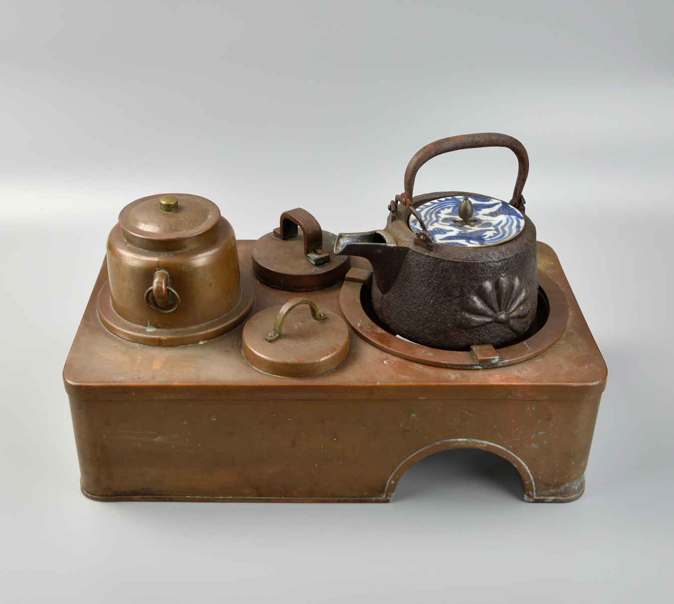 Appraisal: UNUSUAL SET OF JAPANESE BRONZE TEA KETTLE STOVE a set