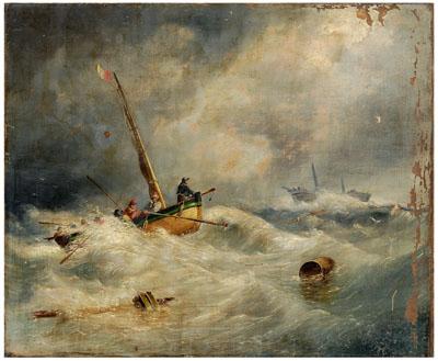 Appraisal: British School maritime painting rescue boat rowing against stormy seas