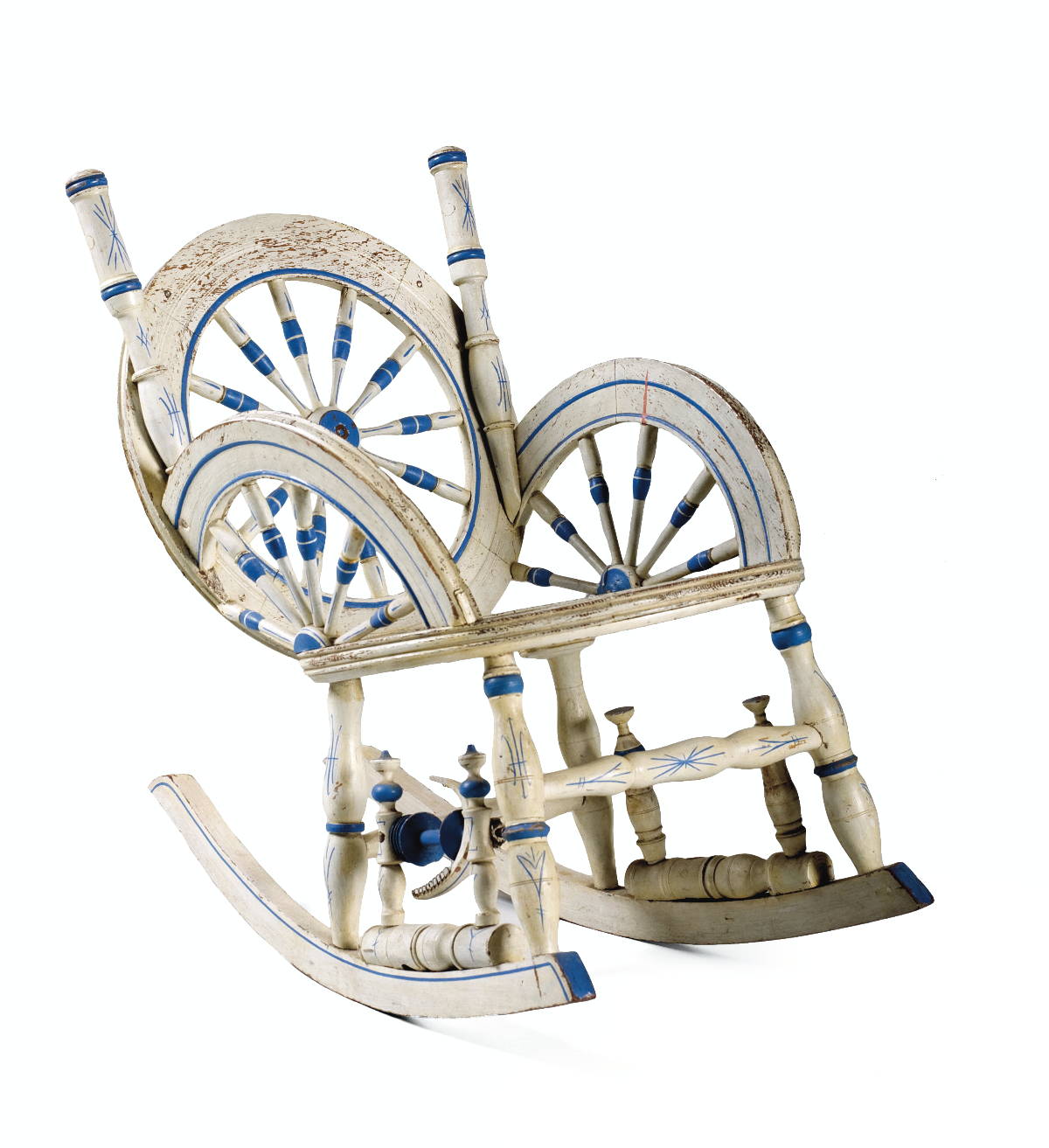 Appraisal: COLONIAL REVIVAL SPINNING WHEEL CHAIR IN WHITE AND BLUE PAINT