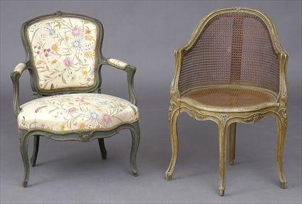 Appraisal: LOUIS XV-STYLE GREEN-PAINTED FAUTEUIL EN CABRIOLET AND A BERGERE DE