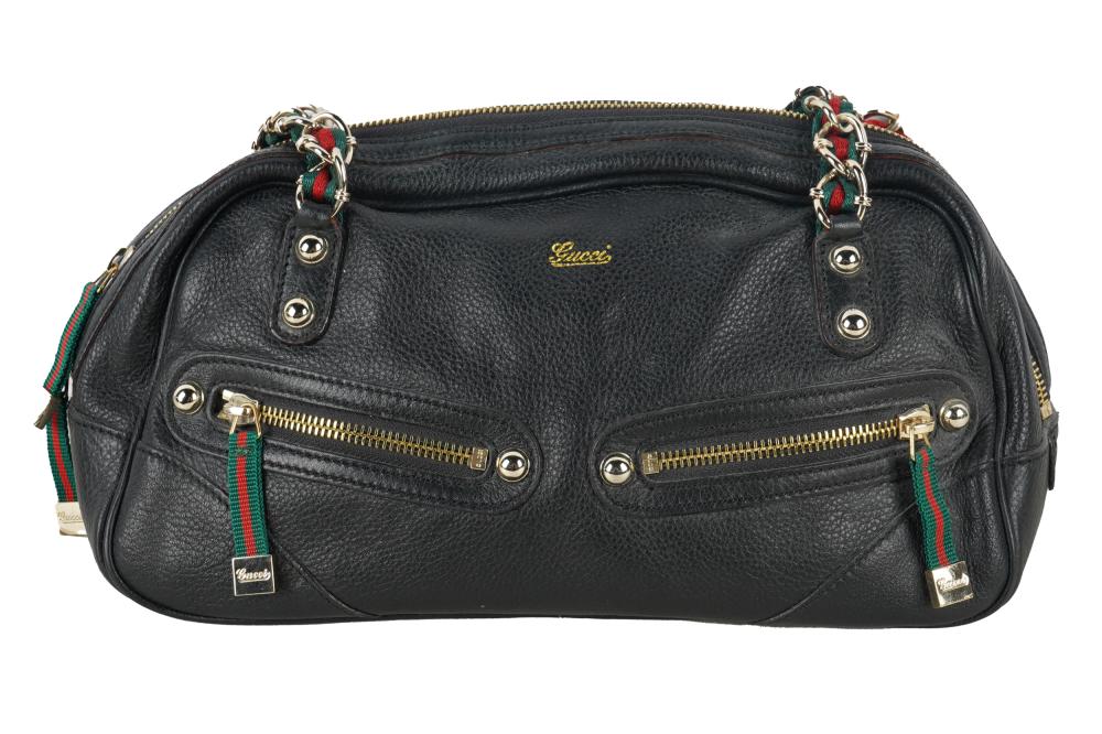 Appraisal: GUCCI HANDBAGblack leather with woven fabric and metal handles inches