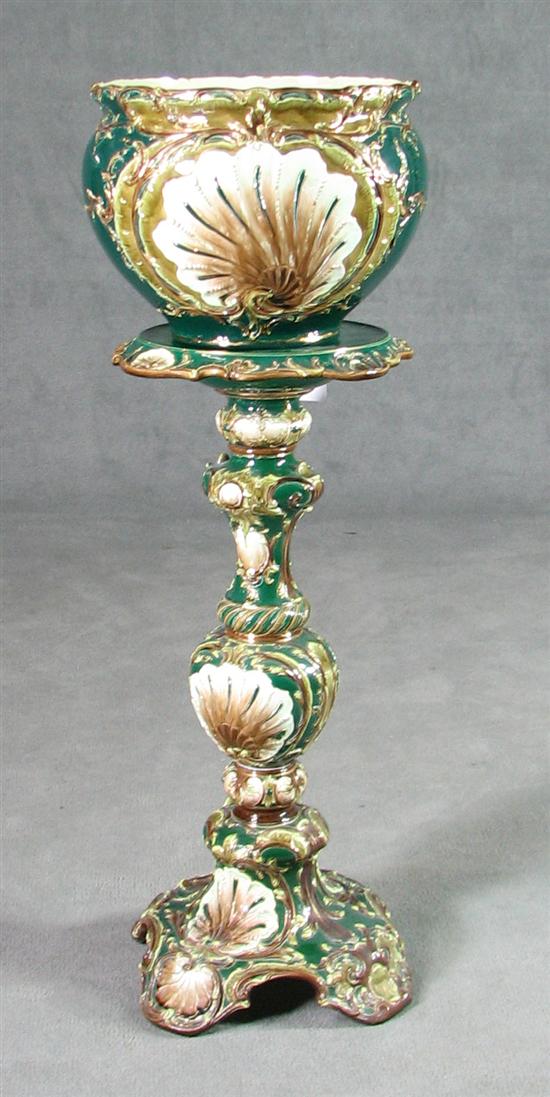 Appraisal: Dressler Czech Earthenware Jardinere Stand - Green glaze with gilt