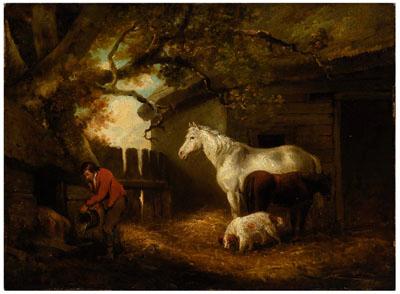 Appraisal: Painting after George Morland farmer watering pigs in a barnyard