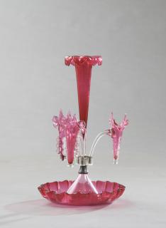 Appraisal: English Cranberry and Clear Glass Epergne th c English Cranberry