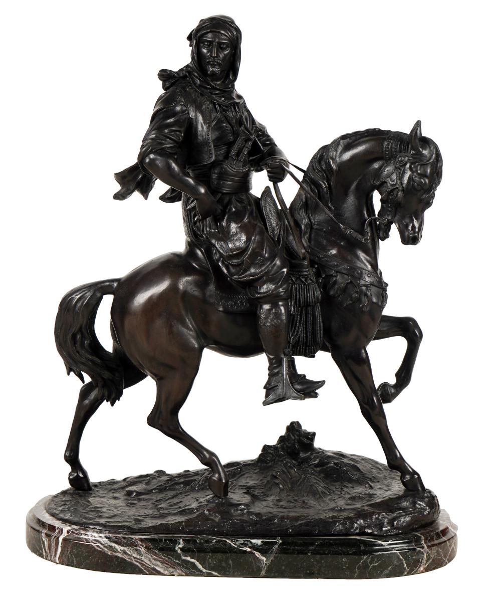 Appraisal: AFTER BARYE ORIENTALIST HORSE RIDERpatinated metal on rouge marble plinth