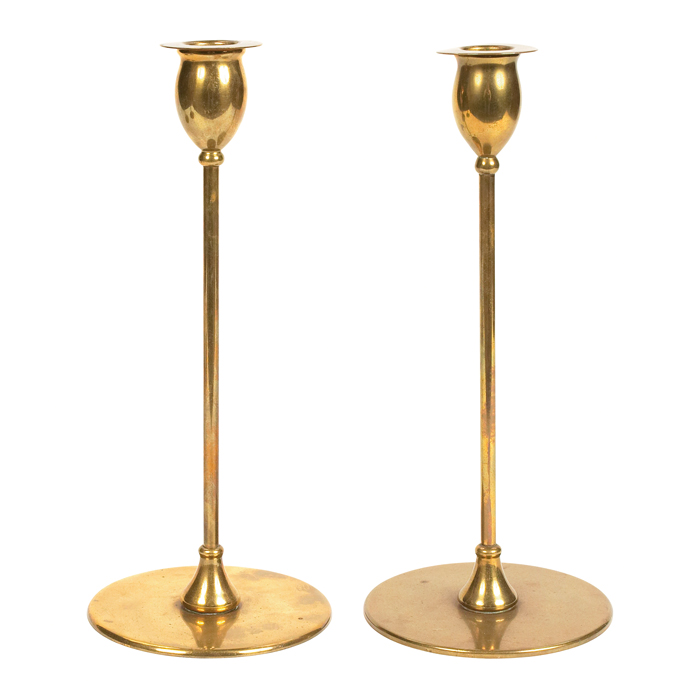 Appraisal: Jarvie candlesticks pair Alpha model original brass patina and bobeche