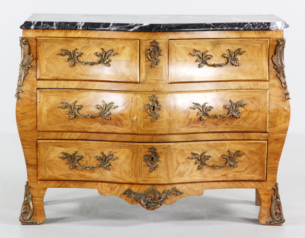 Appraisal: - French Style Marble Top Bombe Chest French style marquetry