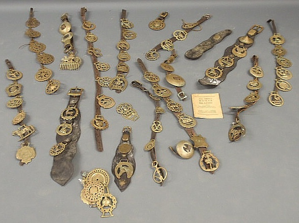 Appraisal: Box lot of horse brasses on leather straps and harness