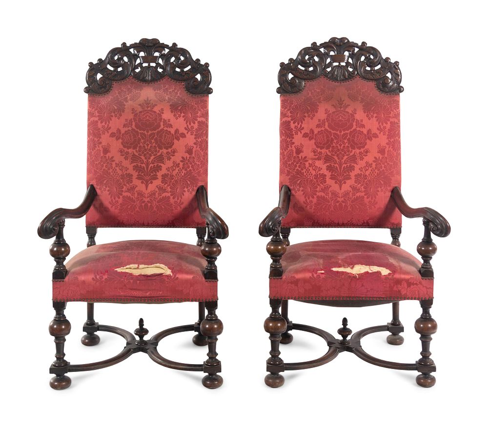 Appraisal: A Pair of William and Mary Style Carved Walnut Armchairs