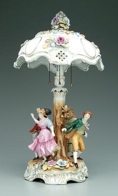 Appraisal: Porcelain lamp and shade Dresden style with four dancing figures