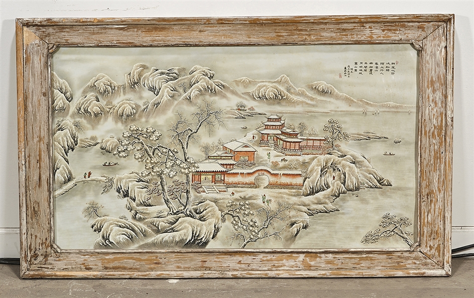 Appraisal: Large Chinese enameled and painted porcelain plaque depicting a winter