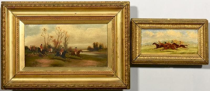 Appraisal: English Fox Hunt Racing Paintings th century Two th century